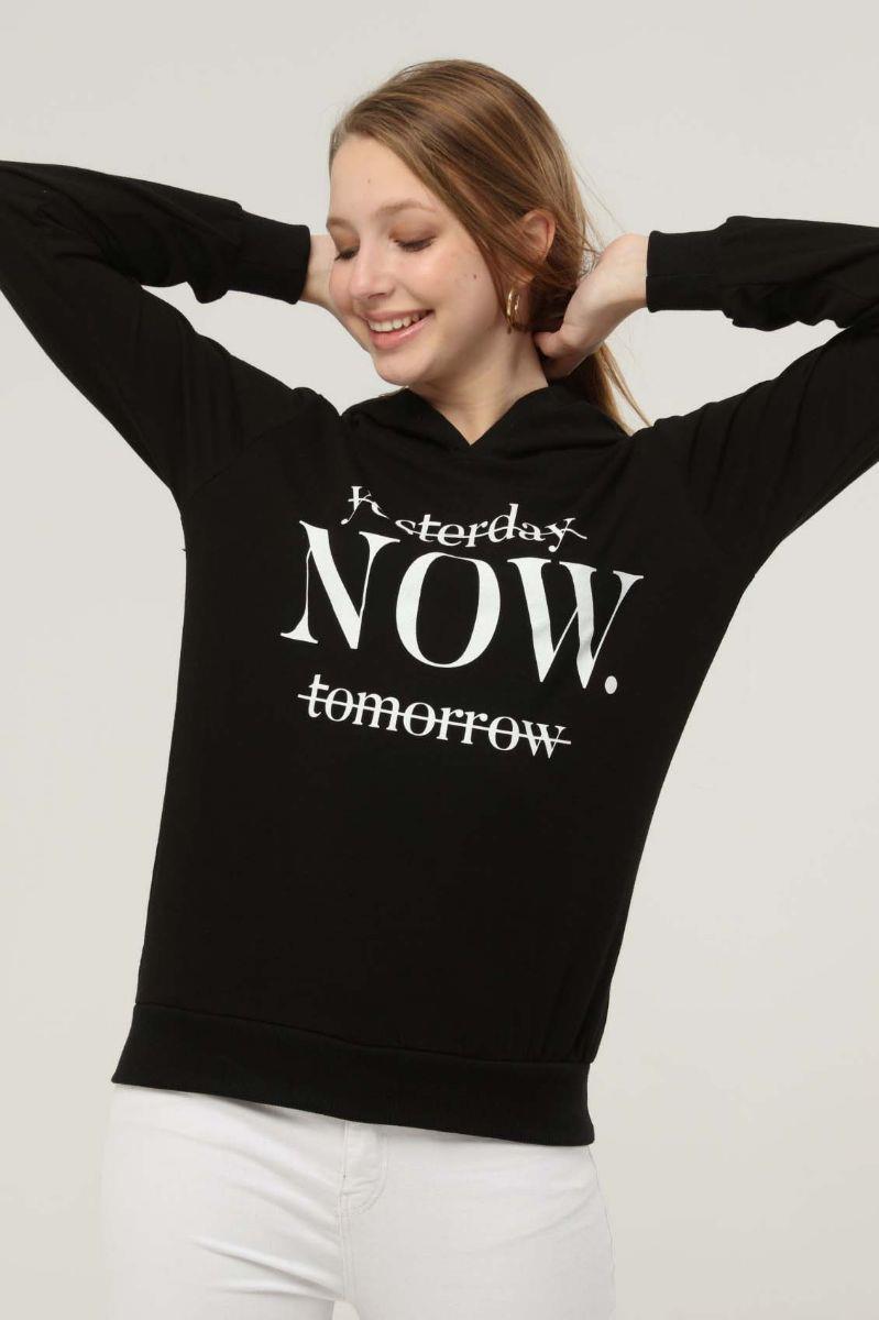 Sweatshirt Kadın Now Baskılı Kapüşonlu Sweatshirt Siyah