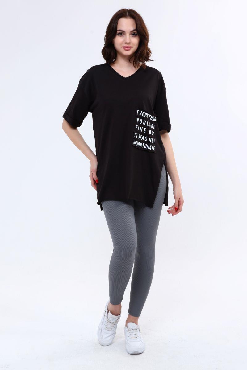 Tshirt Kadın Önü Cepli Yırtmaçlı T-Shirt Siyah