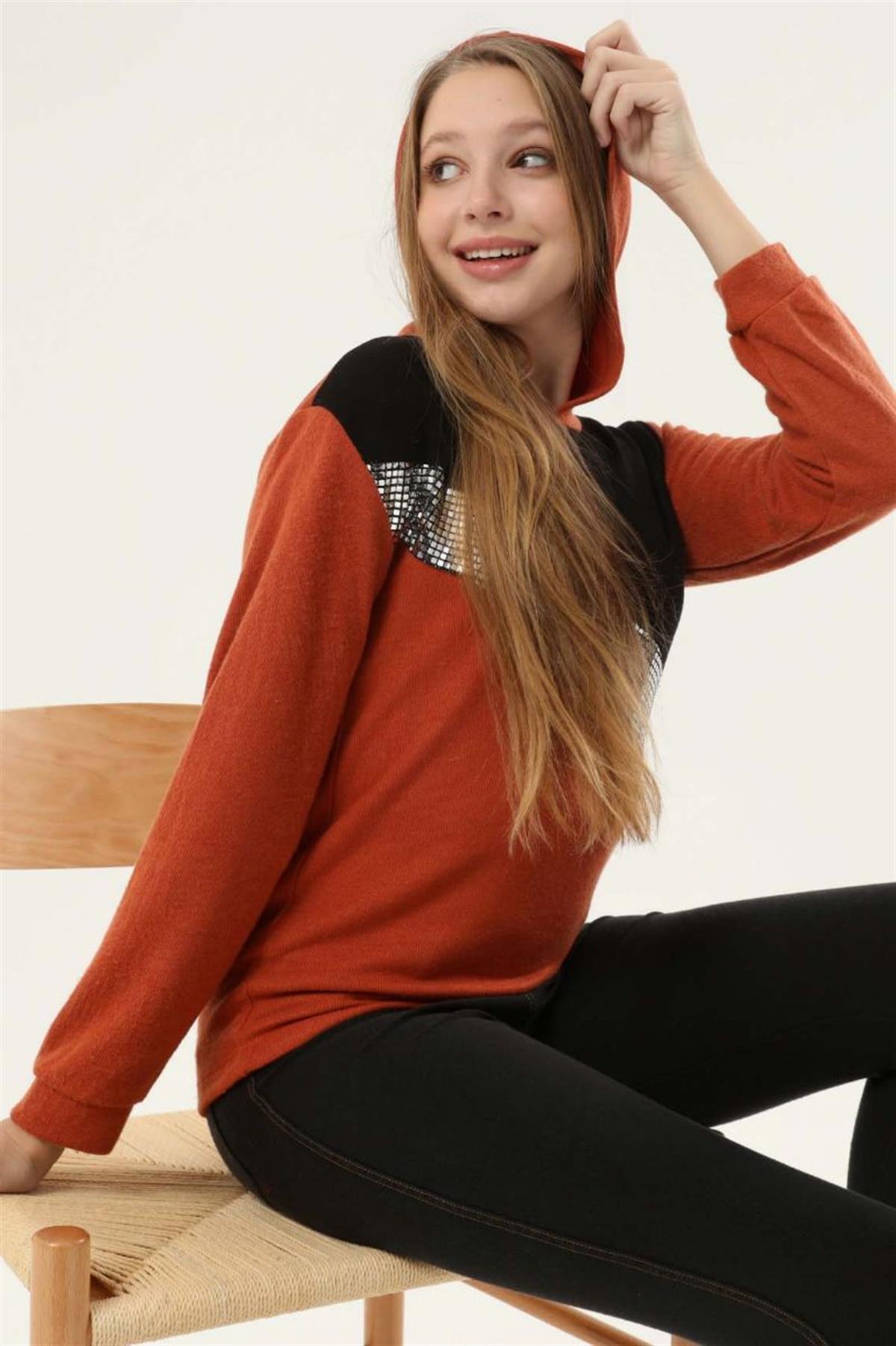Sweatshirt Kadın Önü Payetli Sweatshirt Kiremit