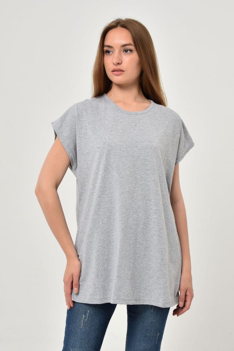 Tshirt Kadın Oversize Basic Yarasa Kol T-Shirt Gri