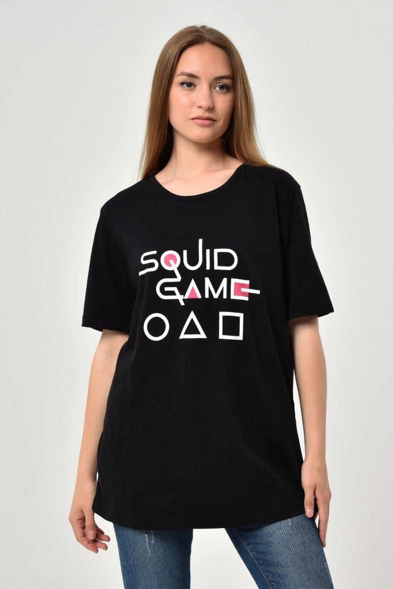 Tshirt Kadın Oversize Squid Game Baskılı T-Shirt Siyah