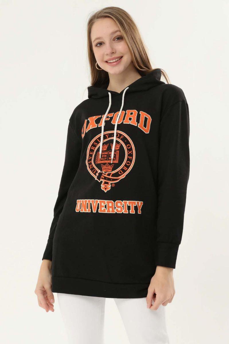 Sweatshirt Kadın Oxford Baskılı Kapüşonlu Sweatshirt Siyah