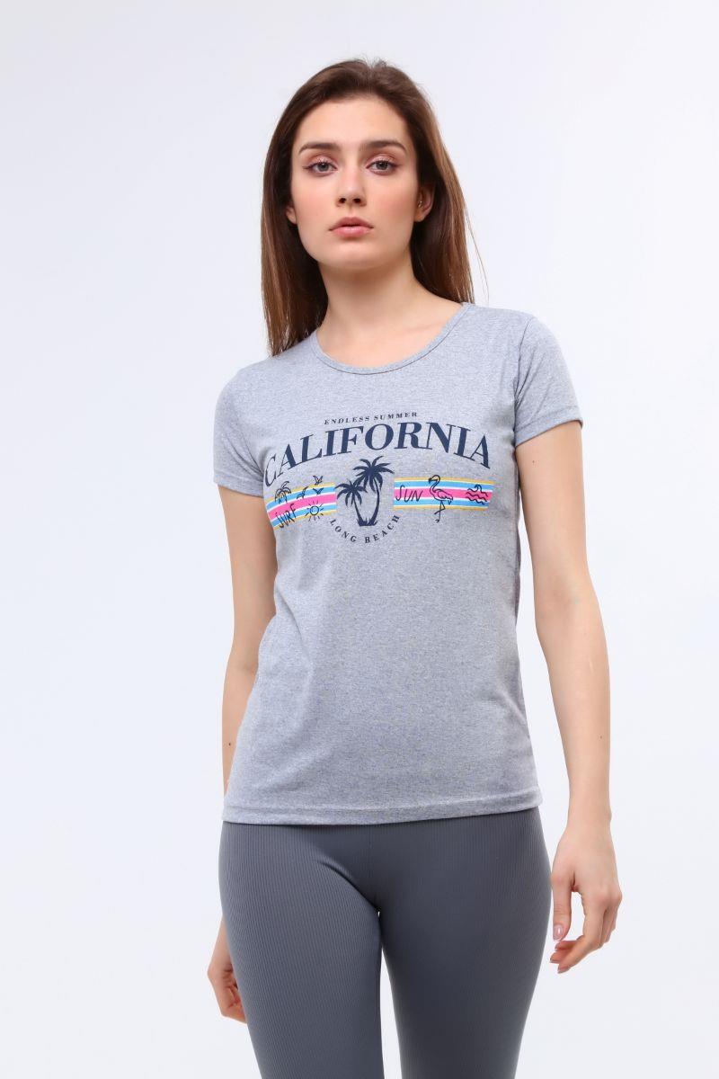 Tshirt Kadın Palmiye Baskılı T-Shirt Gri