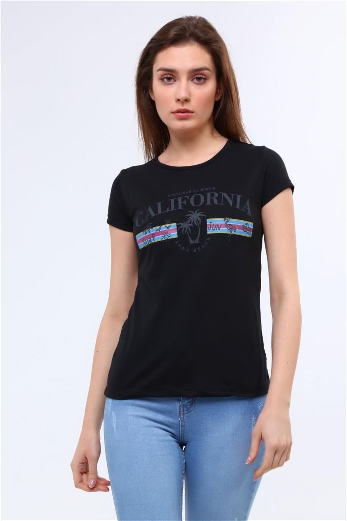 Tshirt Kadın Palmiye Baskılı T-Shirt Siyah