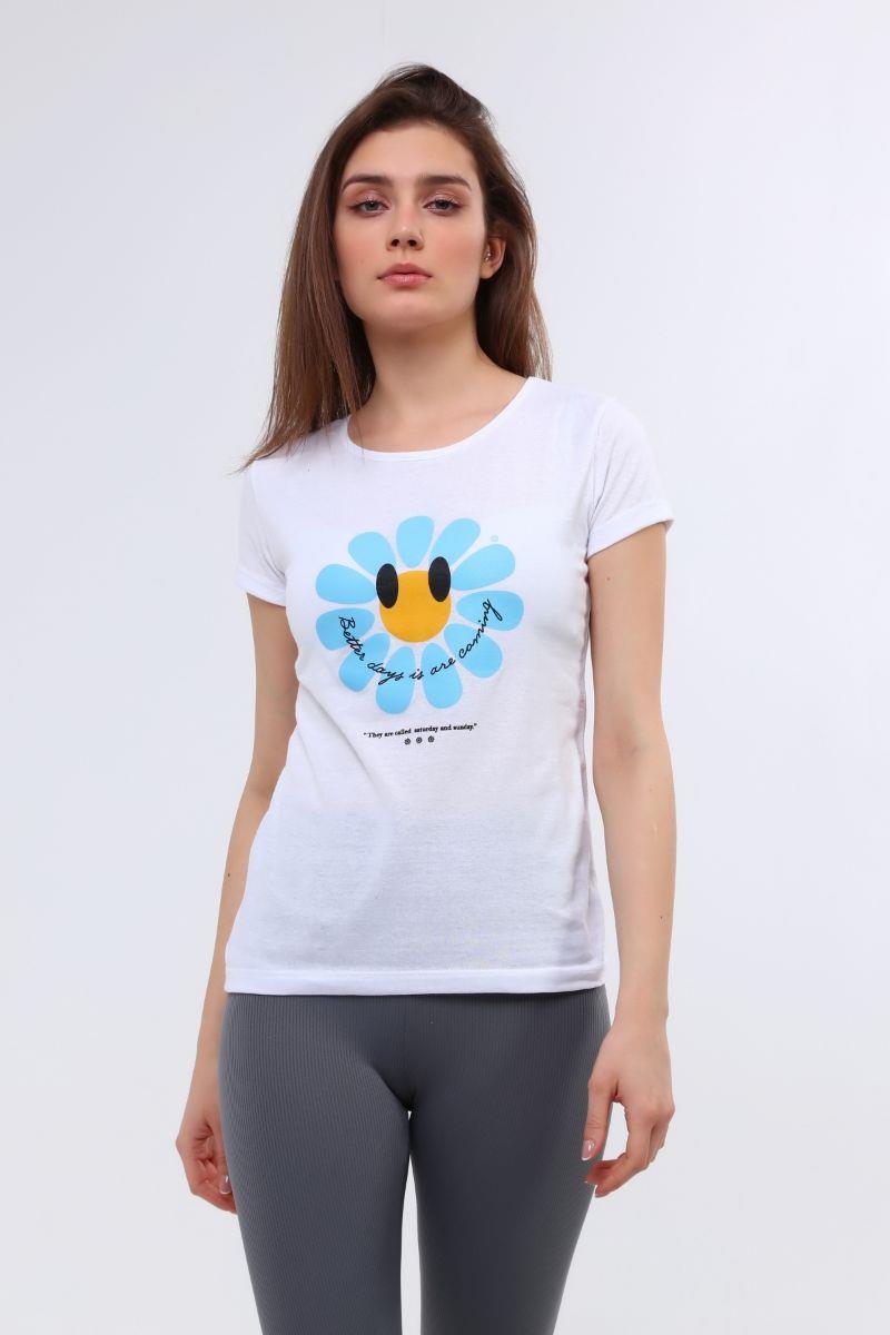 Tshirt Kadın Papatya Baskılı T-Shirt Beyaz