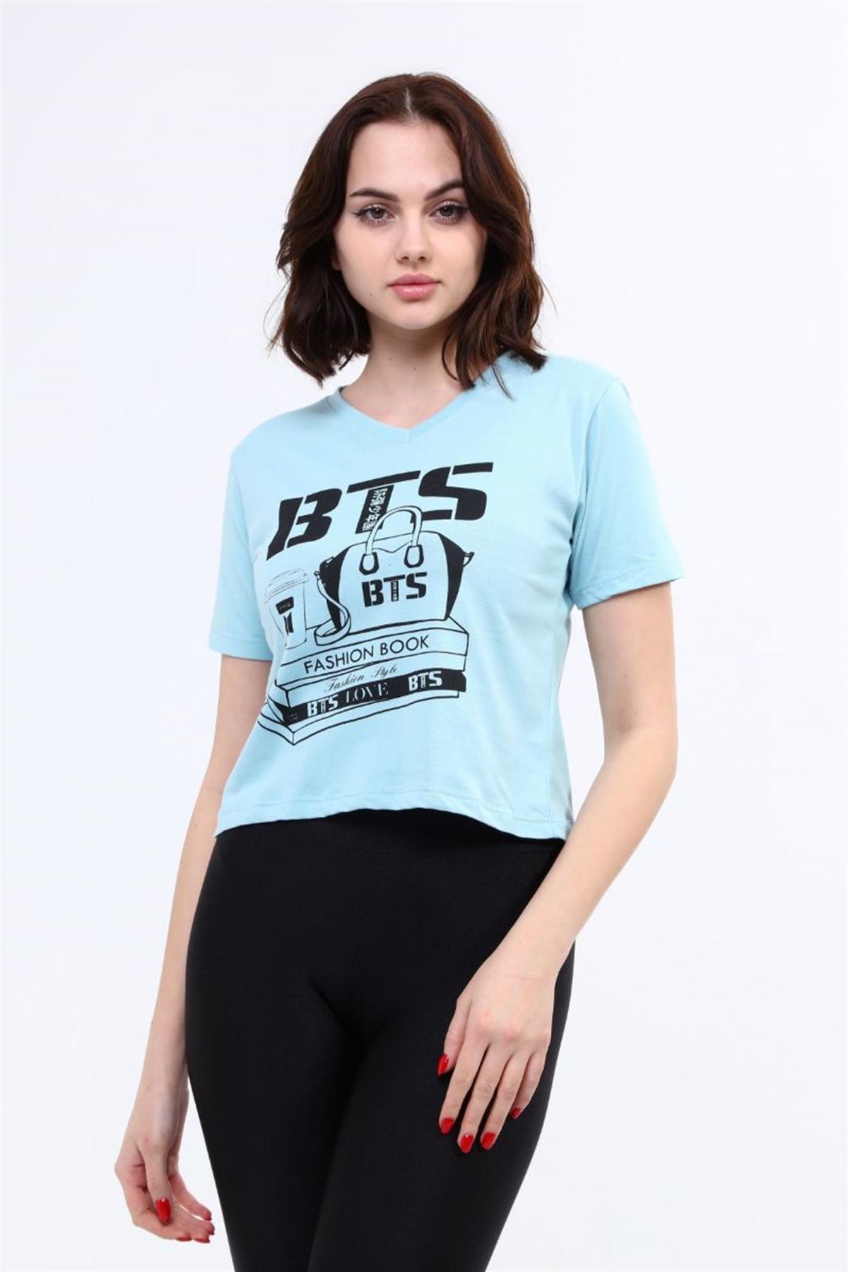 Tshirt Kadın V Yaka Önü Baskılı Crop T-Shirt Mint Yeşili