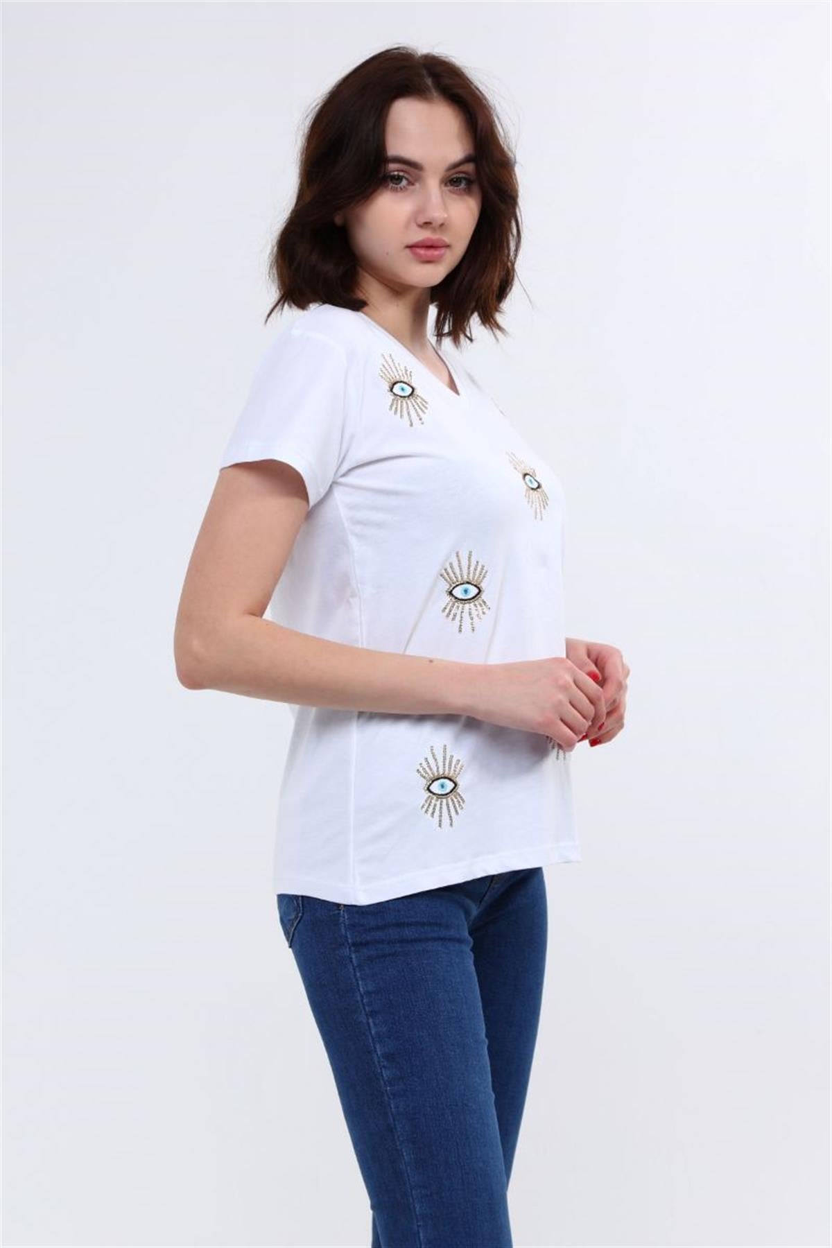 Tshirt Kadın V Yaka Pullu T-Shirt Beyaz