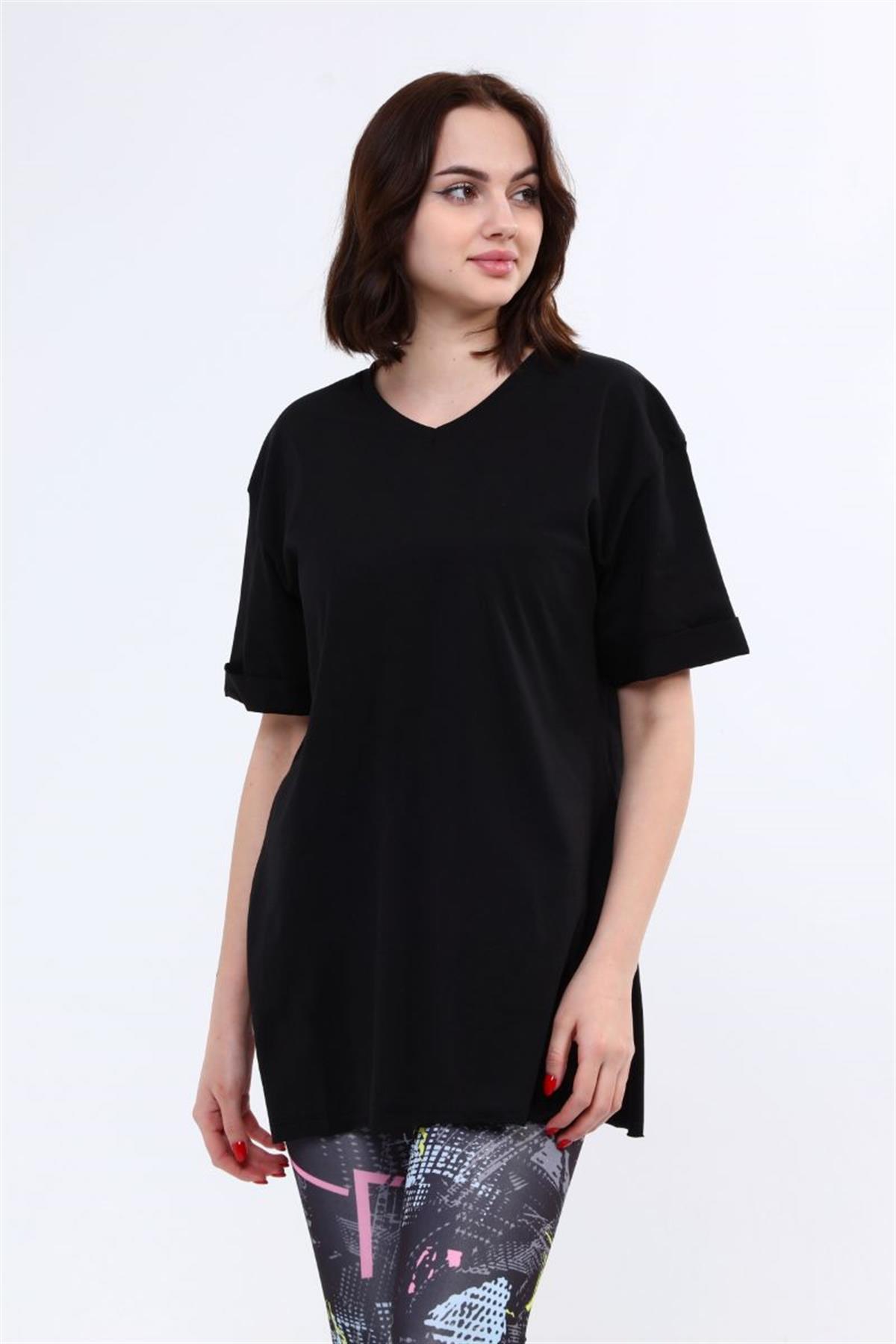 Tshirt Kadın V Yaka Yırtmaçlı Basic T-Shirt Siyah