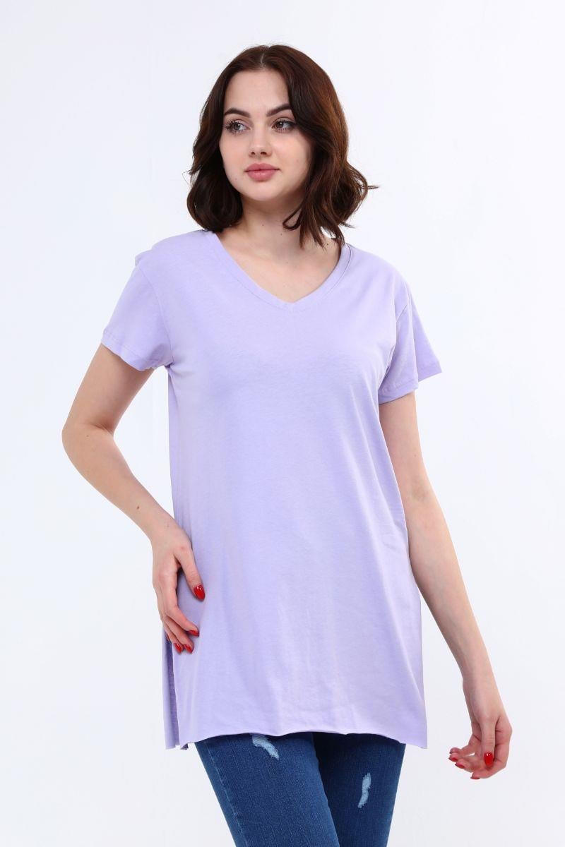 Tshirt Kadın V Yaka Yırtmaçlı T-Shirt Lila