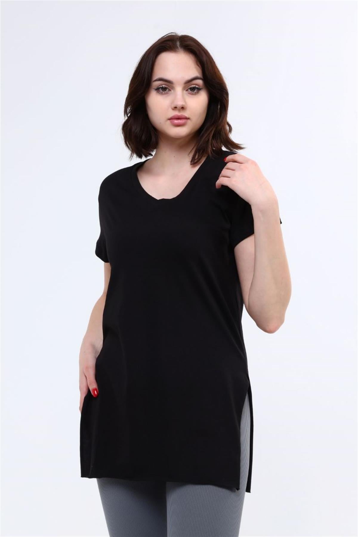 Tshirt Kadın V Yaka Yırtmaçlı T-Shirt Siyah