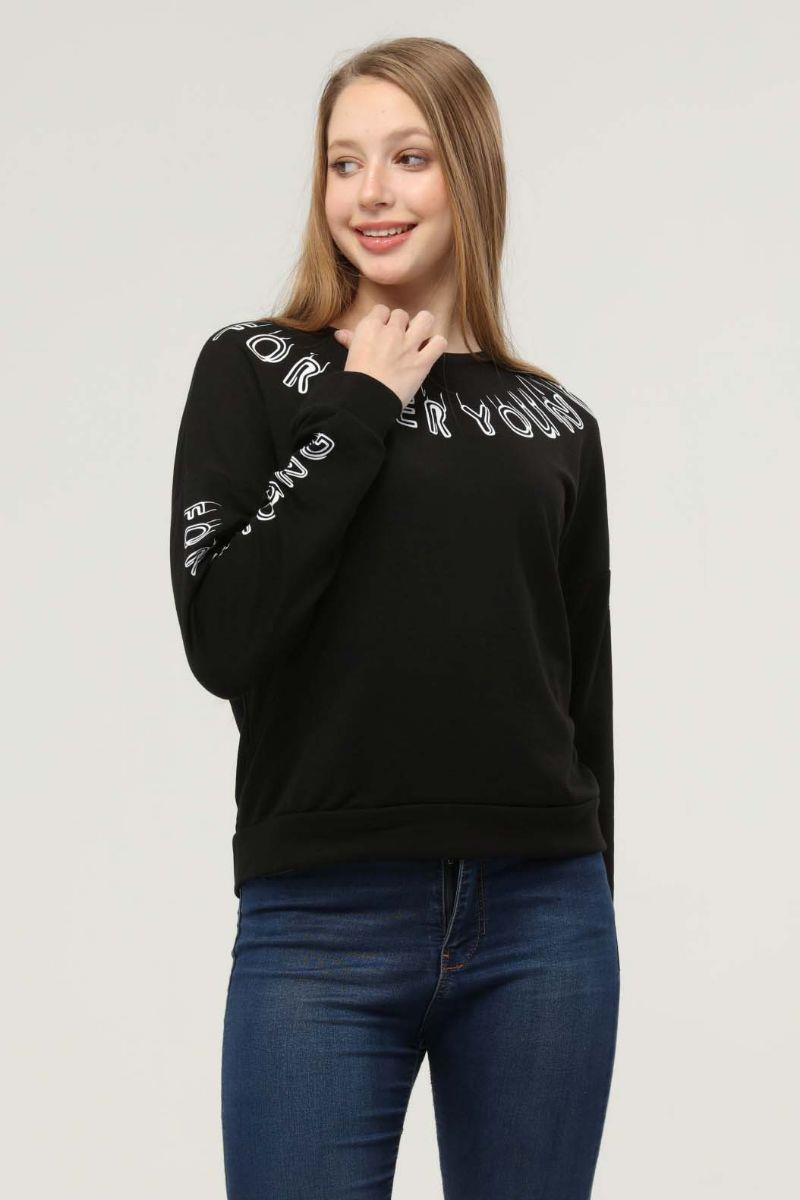 Sweatshirt Kadın Yakası Kolları Baskılı Bisiklet Yaka Sweatshirt Siyah