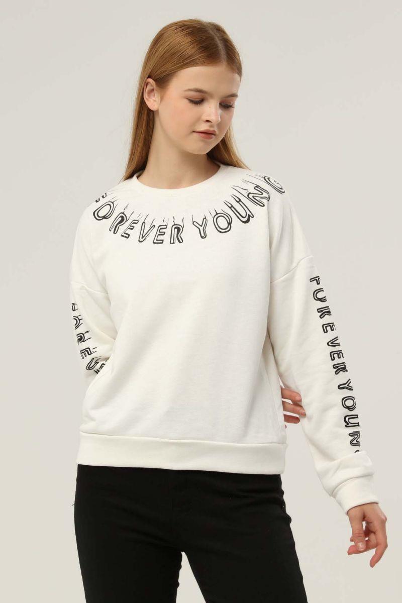 Sweatshirt Kadın Yakası Kolları Baskılı Bisiklet Yaka Sweatshirt Ekru