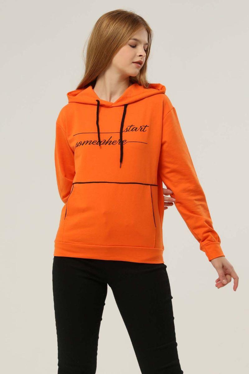 Sweatshirt Kadın Yazı Baskılı Kapüşonlu Sweatshirt Turuncu