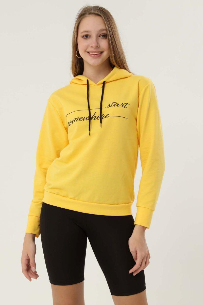 Sweatshirt Kadın Yazı Baskılı Kapüşonlu Sweatshirt Sarı