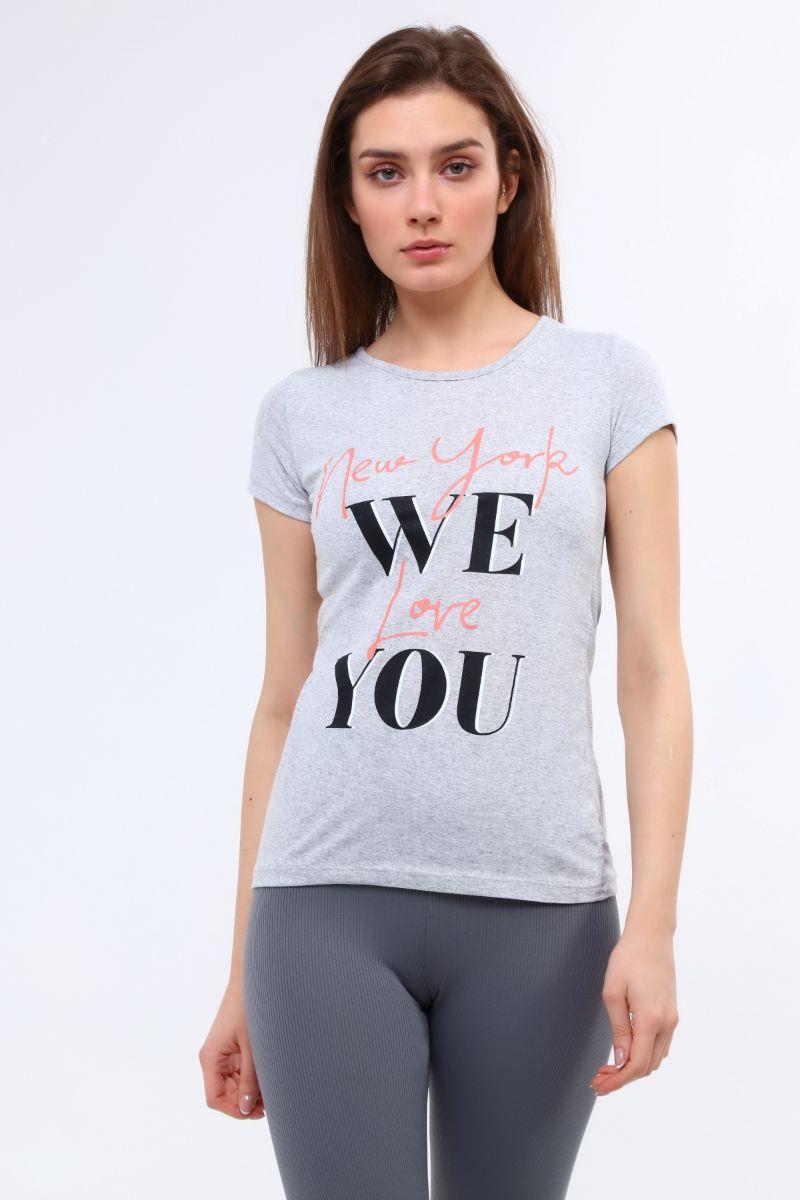 Tshirt Kadın Yazı Baskılı T-Shirt Gri