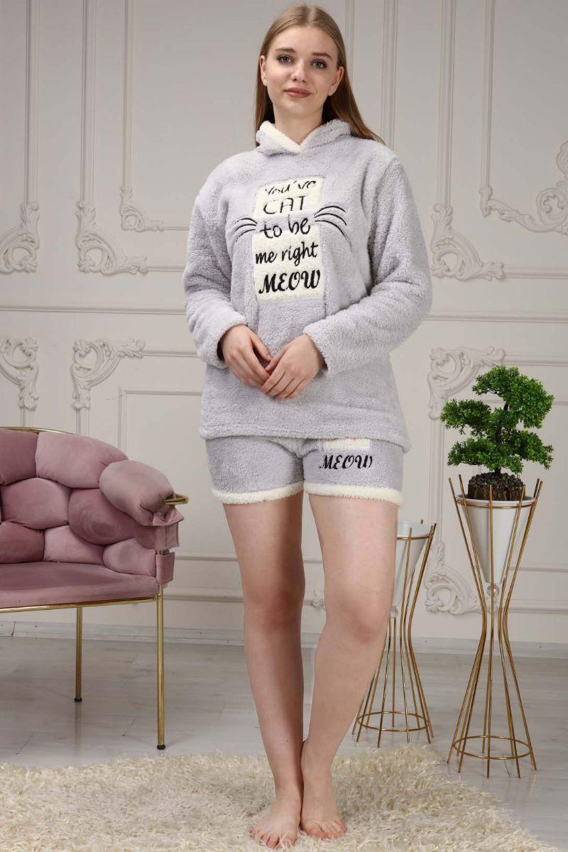 Pijama Takımı Kadın Yazı Nakışlı Soft Polar Şortlu Pijama Takımı Gri