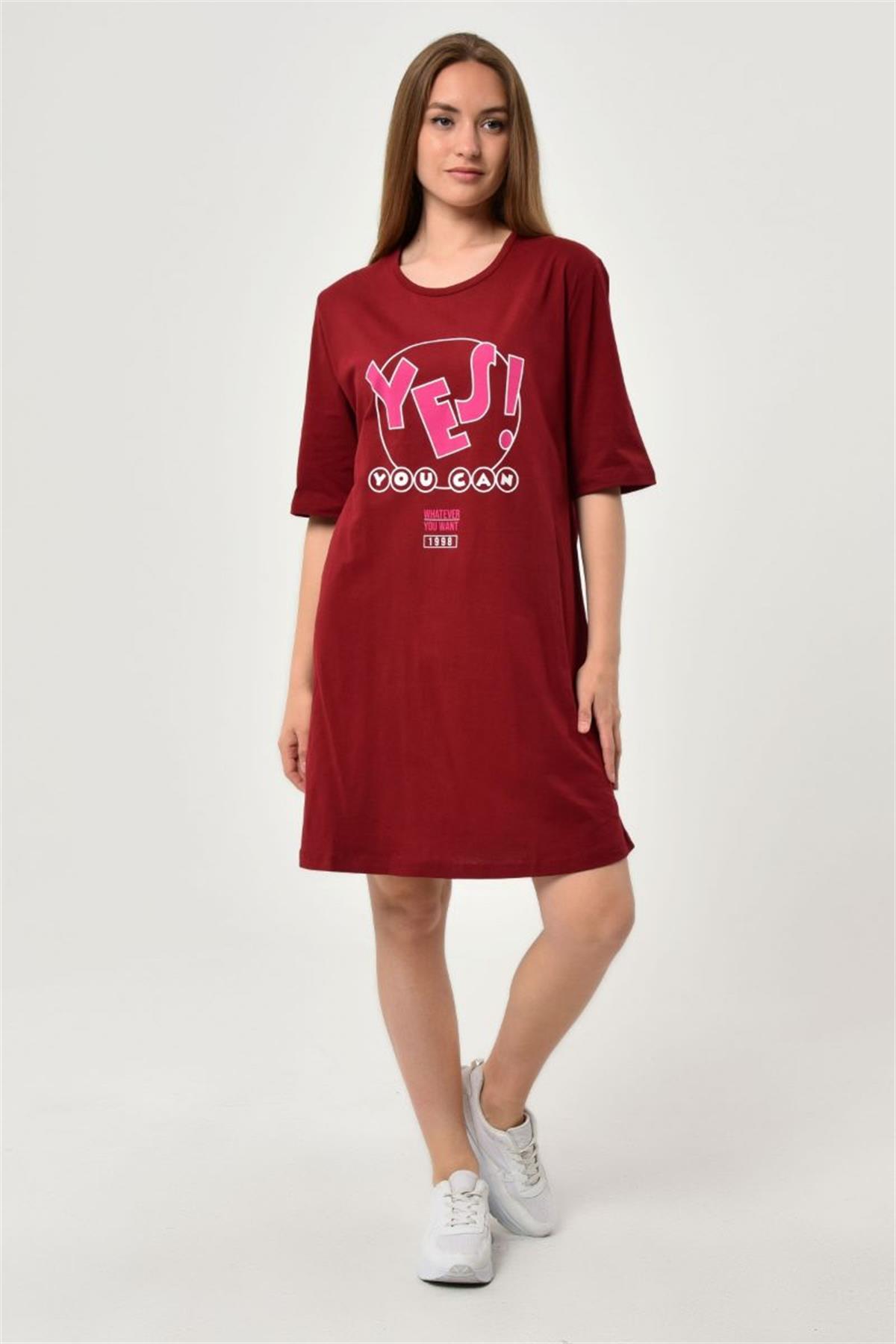 Tshirt Kadın Yes Baskılı Oversize T-Shirt Bordo