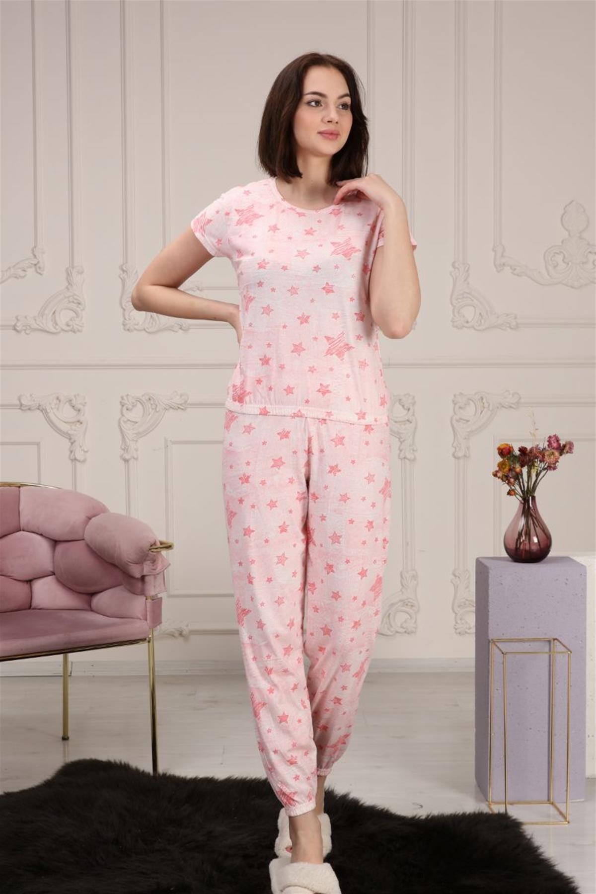 Pijama Takımı Kadın Yıldız Baskılı Beli Lastikli Pijama Takımı Pembe