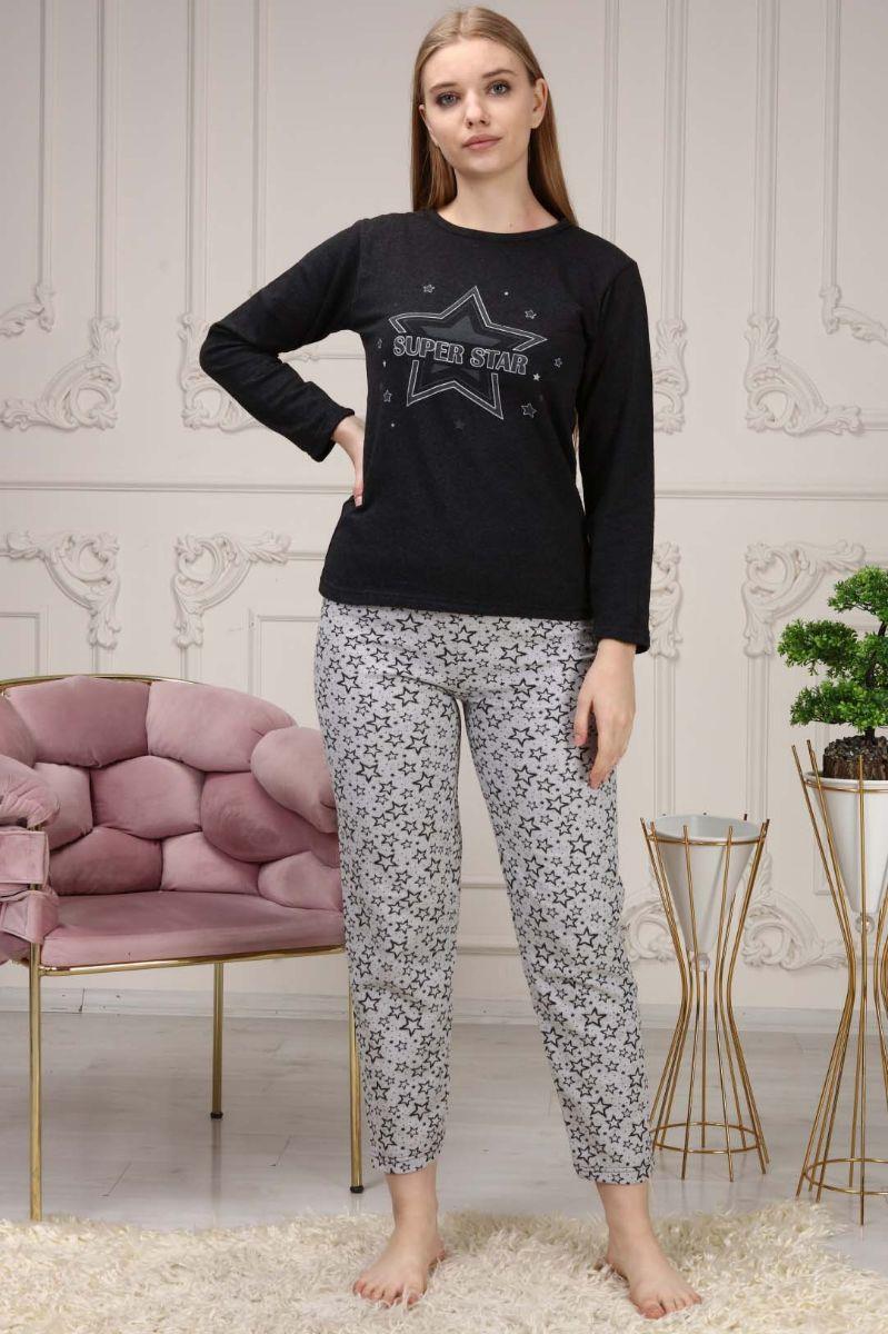 Pijama Takımı Kadın Yıldız Baskılı Iki Iplik Şardonlu Pijama Takımı Siyah