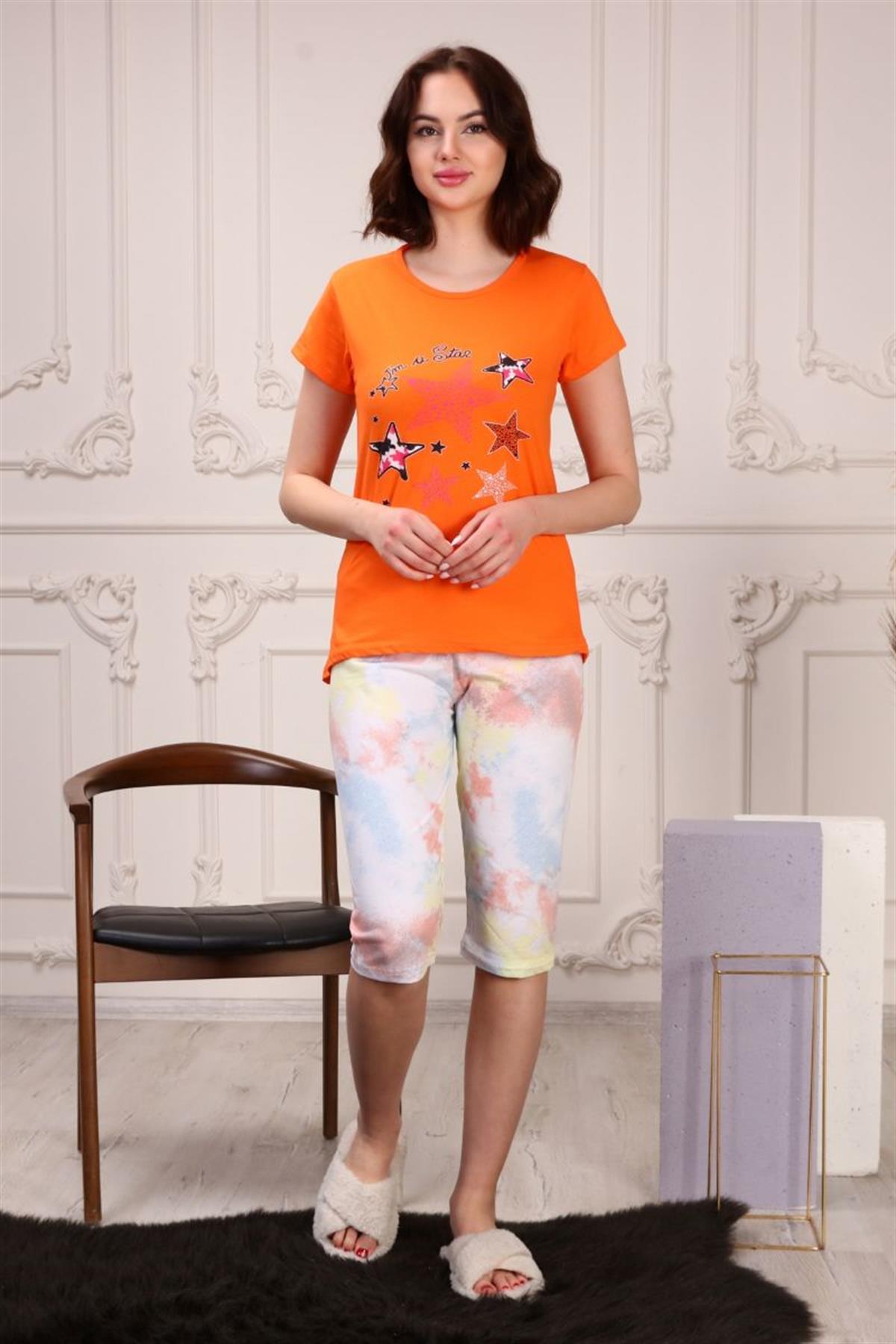 Pijama Takımı Kadın Yıldız Baskılı Kapri Şortlu Pijama Takımı Turuncu