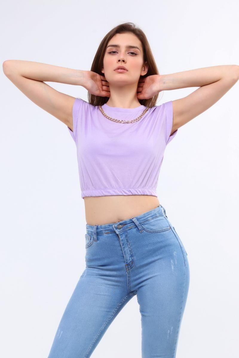Bluz Kadın Zincirli Beli Lastikli Crop Bluz Lila