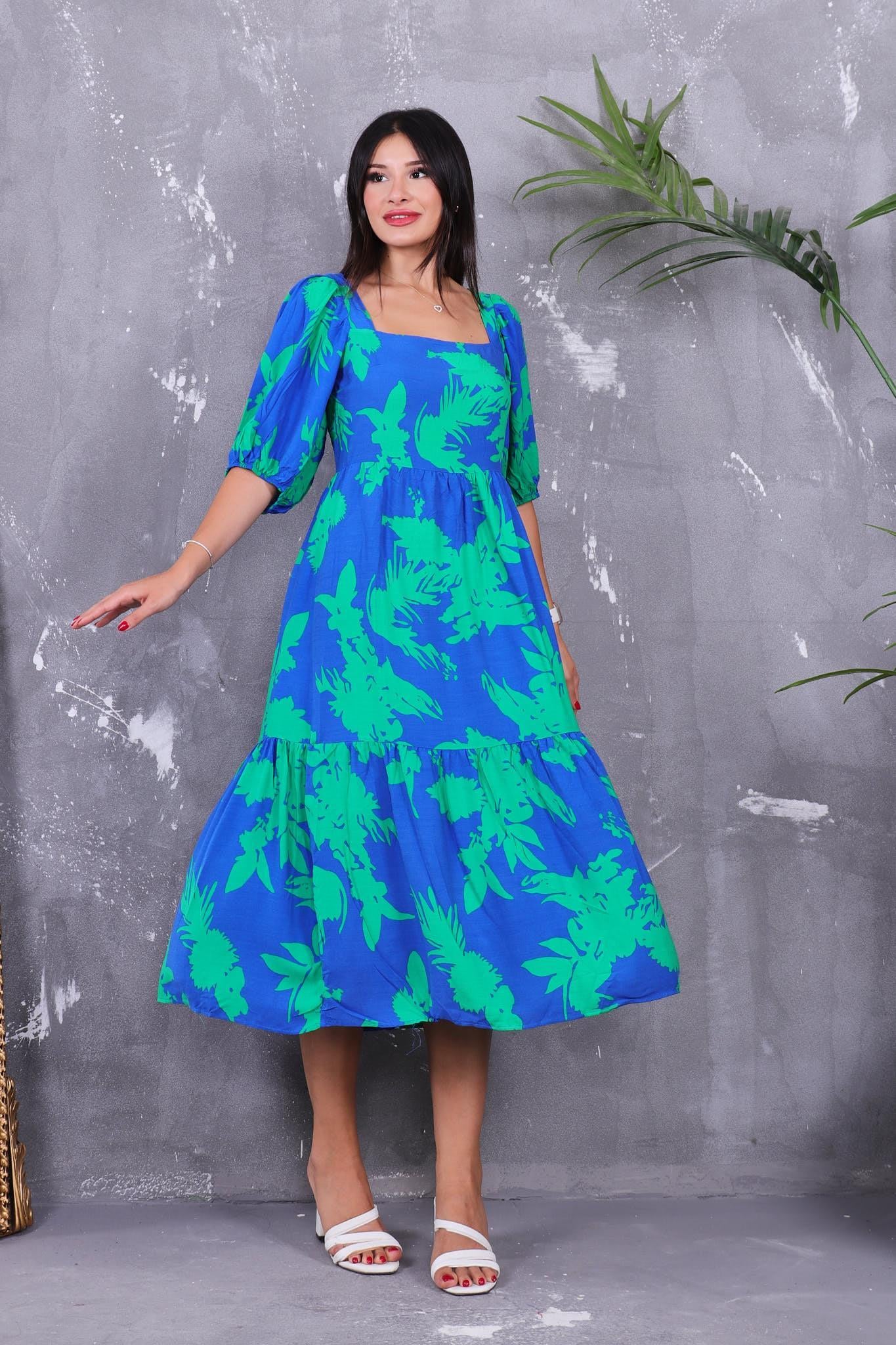 Elbise Kare Yaka Balon Kol Elbise