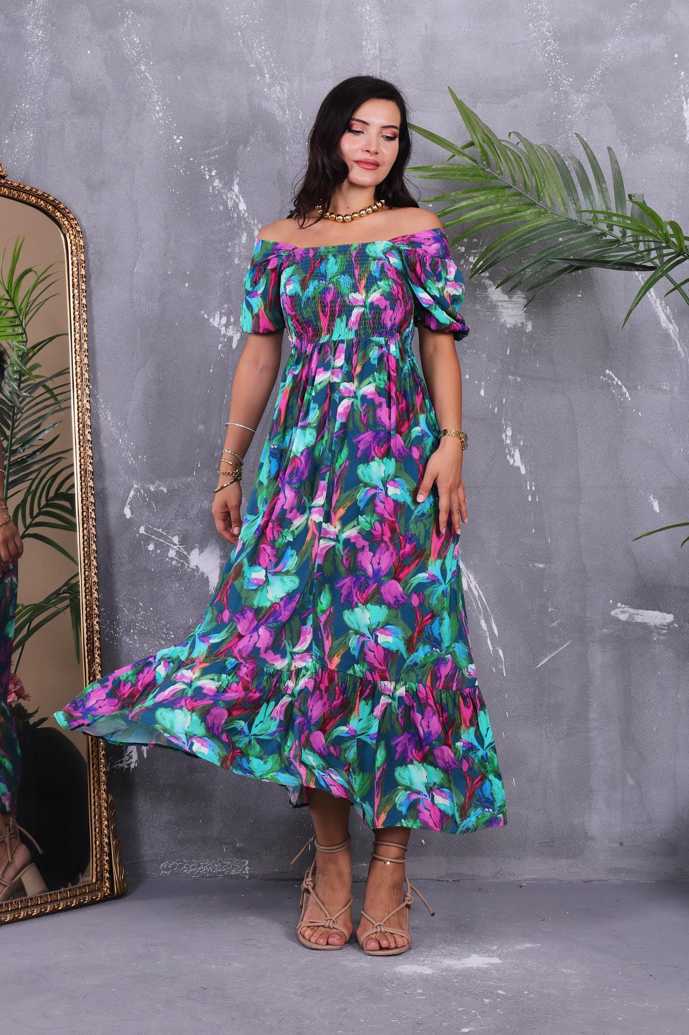 Elbise Karpuz Kol Lastikli Kloş Elbise