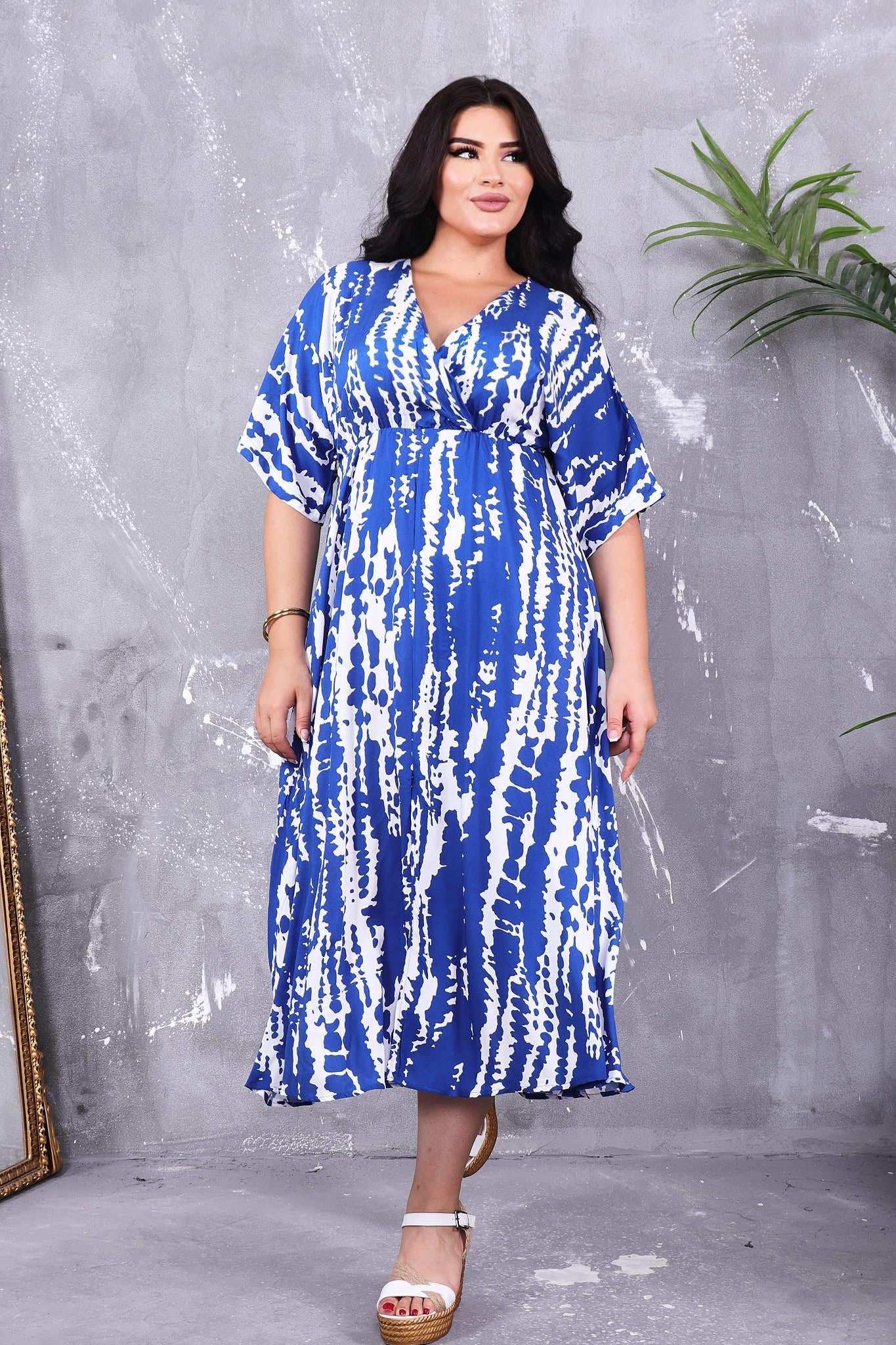 Elbise Kruvaze Yaka Beli Lastikli Desenli Elbise