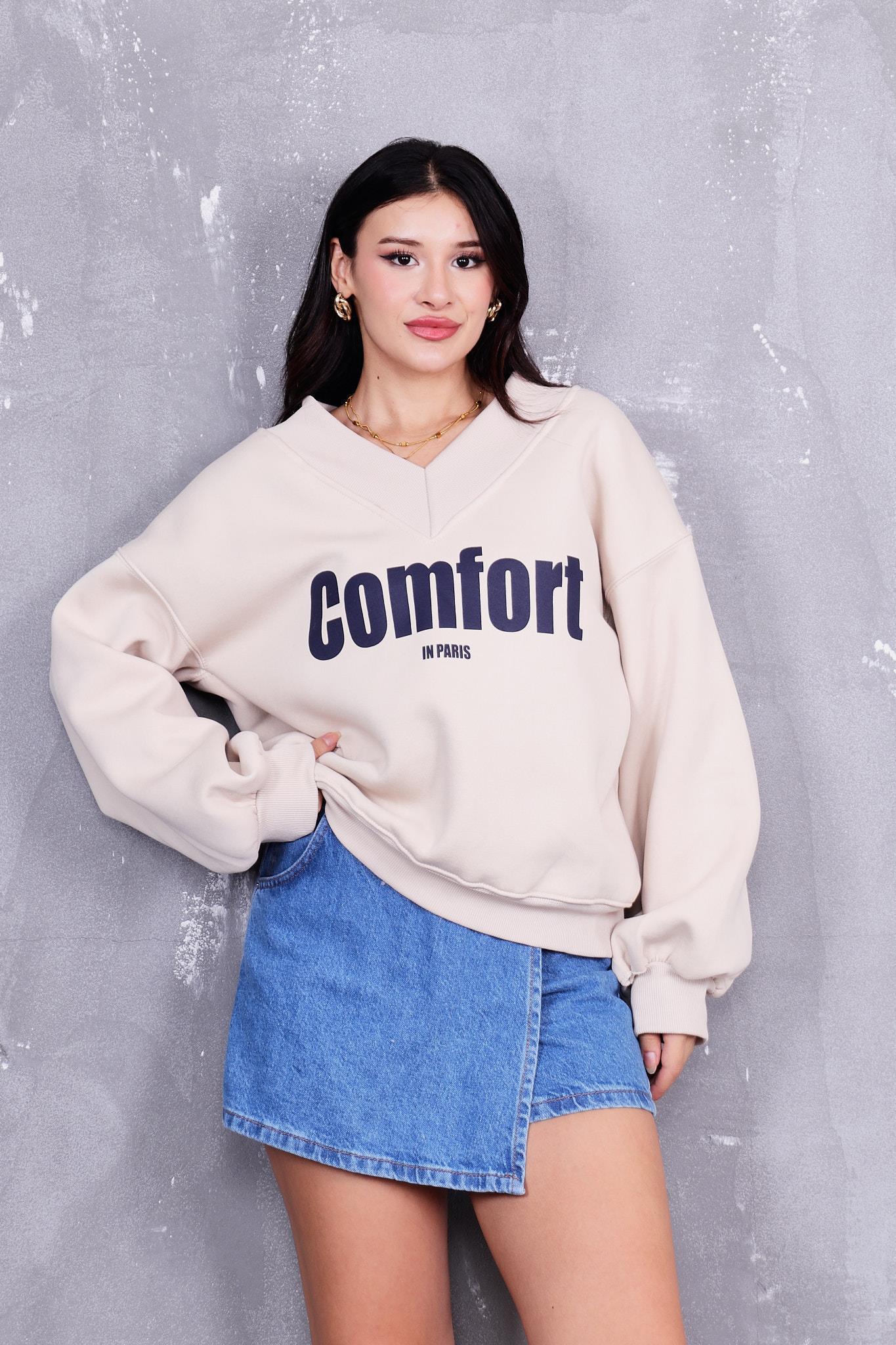 Sweatshirt V Yaka İçi Şardonlu Sweatshirt