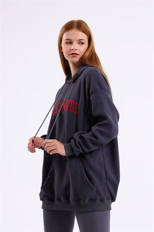 Sweatshirt Kadın Kanguru Cepli Kapüşonlu Lostminds Baskılı Sweatshirt Gri