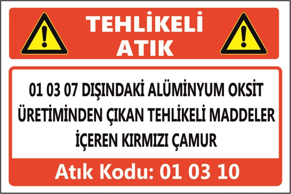 Tehlikeli Atıklar01 03 07 DIŞINDAKİ ALÜMİNYUM OKSİT ÜRETİMİNDEN ÇIKAN TEHLİKELİ MADDELER  İÇEREN KIRMIZI ÇAMUR