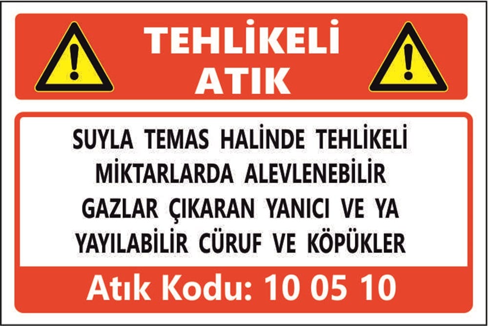 Atık TabelalarıSUYLA TEMAS HALİNDE TEHLİKELİ  MİKTARLARDA ALEVLENEBİLİR  GAZLAR ÇIKARAN YANICI VE YA  YAYILABİLİR CÜRUF VE KÖPÜKLER