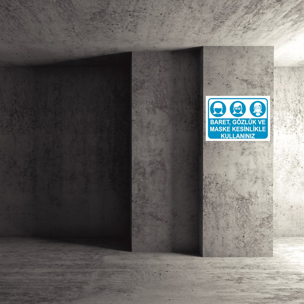 Koruyucu Malzeme Uyarı LevhalarıBARET, GÖZLÜK VE MASKE KESİNLİKLE KULLANINIZ KADIN FİGÜRLÜ İŞ GÜVENLİĞİ UYARI LEVHASI