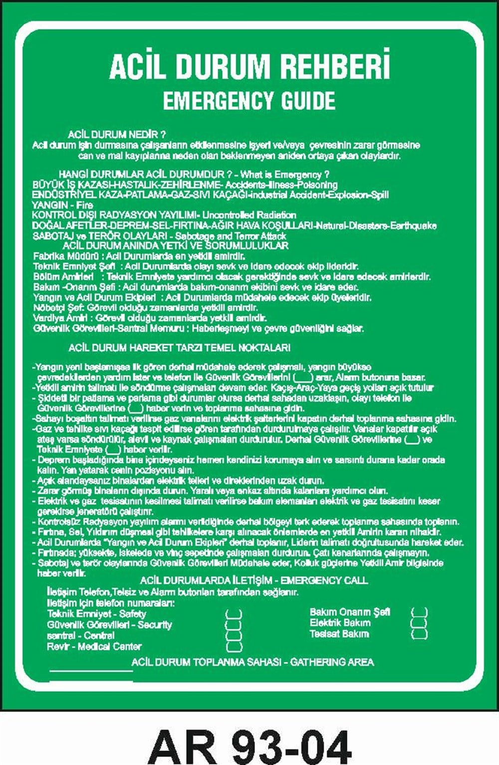 Talimatlar Uyarı LevhalarıACİL DURUM REHBERİ EMERGENCY GUIDE İŞ GÜVENLİĞİ UYARI LEVHASI