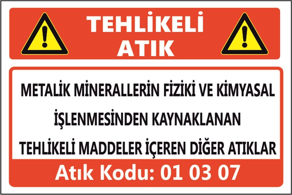 Tehlikeli AtıklarMETALİK MİNERALLERİN FİZİKİ VE KİMYASAL İŞLENMESİNDEN KAYNAKLANAN TEHLİKELİ MADDELER İÇEREN DİĞER ATIKLAR