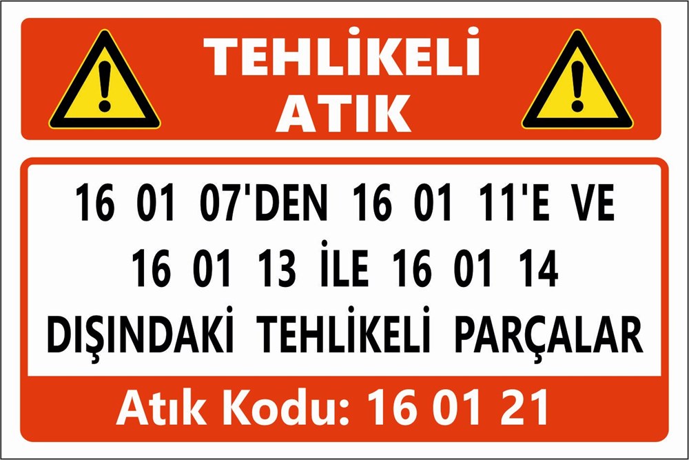 Atık Tabelaları16 01 07'DEN 16 01 11'E VE  16 01 13 İLE 16 01 14  DIŞINDAKİ TEHLİKELİ PARÇALAR
