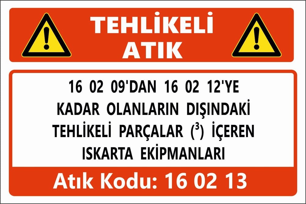 Atık Tabelaları16 02 09'DAN 16 02 12'YE KADAR OLANLARIN DIŞINDAKİ TEHLİKELİ PARÇALAR (3) İÇEREN ISKARTA EKİPMANLARI