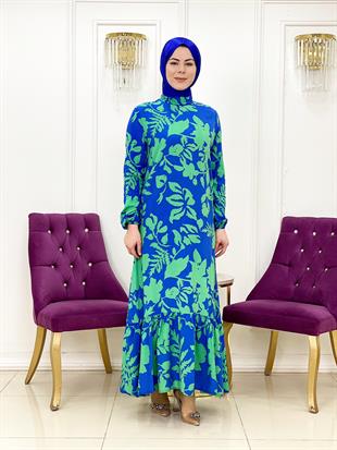 Ellya Yeni Sezon Özel Tasarım Tam Boy Yaprak Desenli Volanlı Rahat Elbise