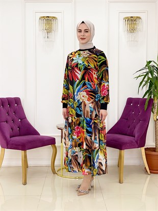 Ellya Yeni Sezon Şifon Kumaş Astarlı Rengarenk Çiçek Desenli Tam Boy Elbise