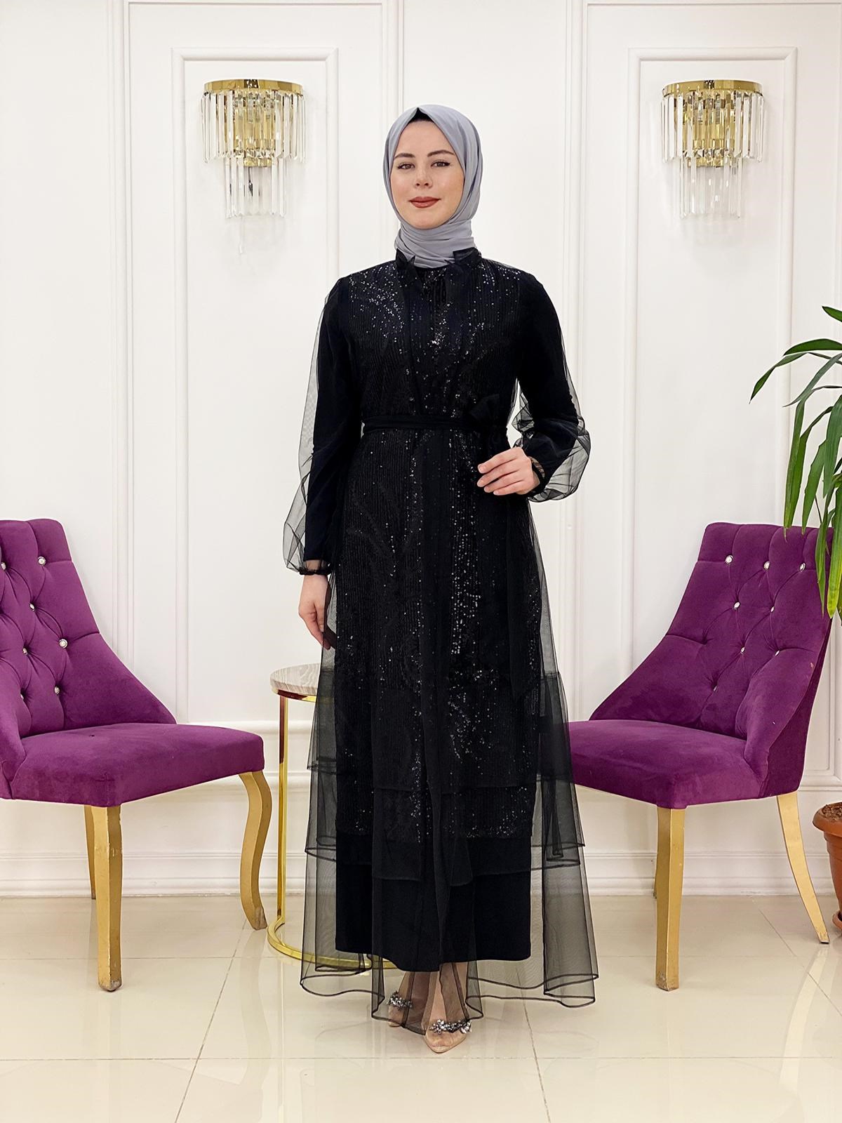 Ellya Özel Tasarım Dışı Tül İçi Payet Renk Geçişli İkili Elbise |  ellyabutik.com