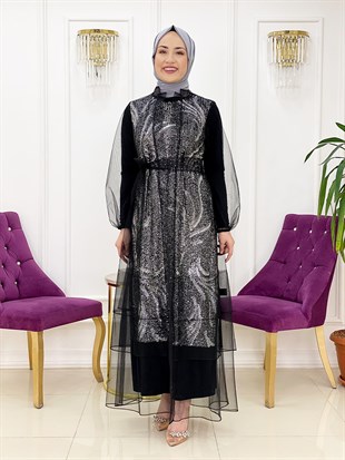 Ellya Özel Tasarım Dışı Tül İçi Payet Renk Geçişli İkili Elbise