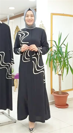 Ellya Özel Tasarım Tam Boy Fermuarlı Güpür İşlemeli Ferace