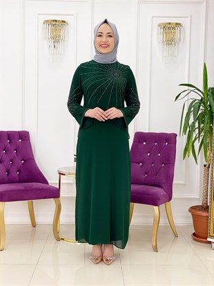 Ellya Özel Tasarım Taş İşleme Desenli Büyük Beden Tam Boy Elbise