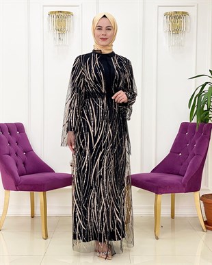 Ellya Özel Tasarım Tül Üzerine İşlemeli İkili Elbise 