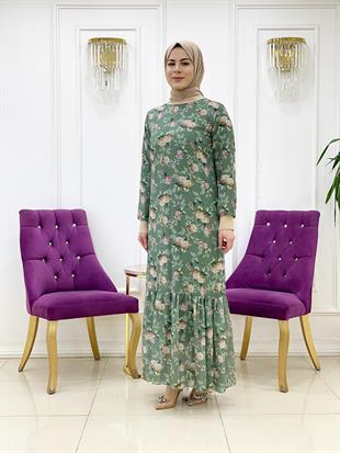 Ellya Yeni Sezon Özel Tasarım Tam Boy Kendinden Çiçek Desenli Volanlı Elbise