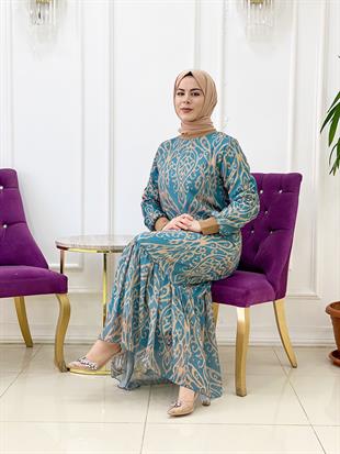 Ellya Yeni Sezon Özel Tasarım Tam Boy Etnik Desenli Volanlı Ribana Lastikli Elbise