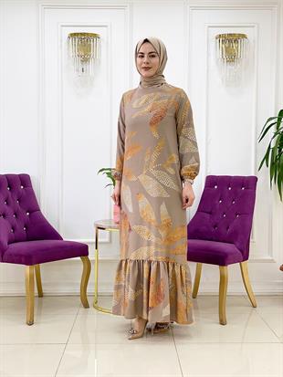 Ellya Yeni Sezon Özel Tasarım Tam Boy Yaprak Desenli Volanlı Elbise