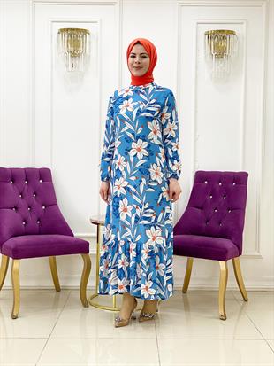 Ellya Yeni Sezon Özel Tasarım Tam Boy Çiçek Desenli Volanlı Rahat Elbise