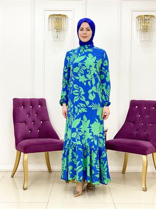 Ellya Yeni Sezon Özel Tasarım Tam Boy Yaprak Desenli Volanlı Rahat Elbise