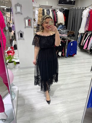 Kadın Madonna Yaka  Siyah Kısa Kollu  Tül Elbise 